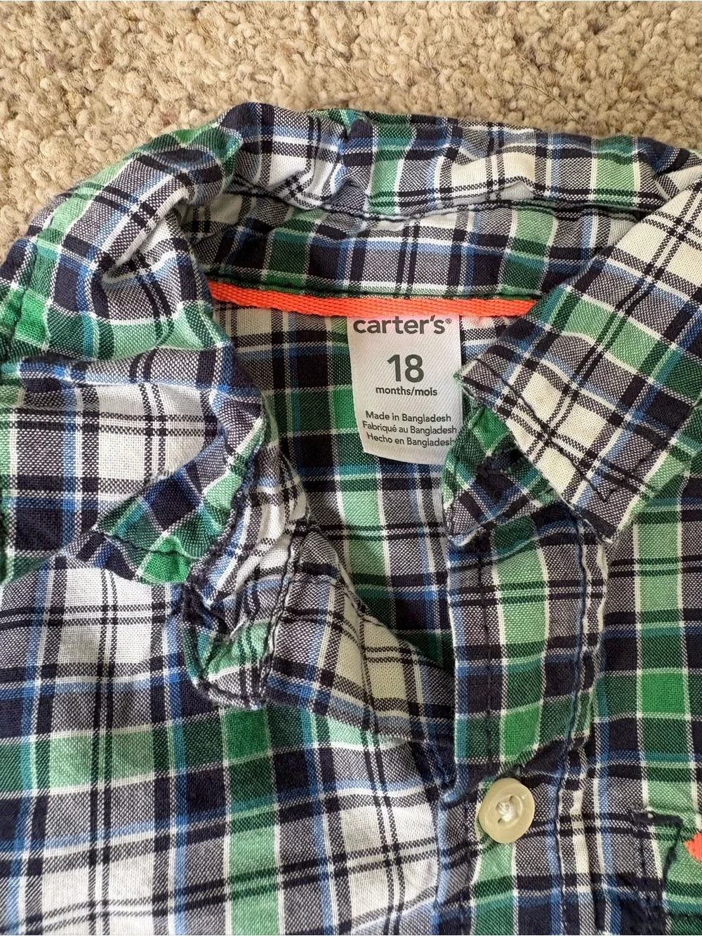 Carter's Boys' Plaid Button-Up Shirt, Size 18 Months, Long Sleeve, Collared